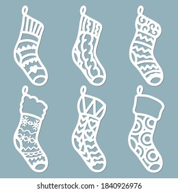 Laser cut template. Socks, stockings, knee socks, Silhouette for cutting. Christmas paper craft. Geometric, knitting and openwork pattern