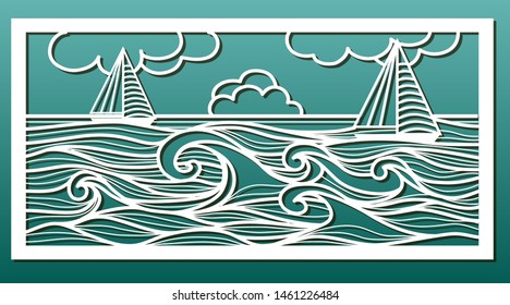 Laser cut template. Stencil for wood or metal cutting or carving, paper art, fretwork, wall decorative panel for interior design. Sea landscape with waves and sailboat. Vector illustration