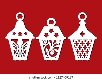 Laser cut template of street lanterns with angel, stars, ogee pattern, floral swirl ornament. Light up Christmas decorations for holiday invitation card. Vector silhouette isolated on red background.