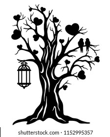 Laser cut template. Tree of love with a couple bird and birdcage. Sign of family tree. Wedding decor. Black and white vector illustration. Silhouette art design. Wood, paper, metal cutting.