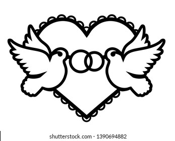 Laser cut template of two birds with wedding crossed rings. Silhouette marriage jewelry, couple of doves in love on lace heart. Vector invitation card. For wood carving, paper cut, stamp for die cut.