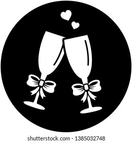 Laser cut template of two glasses of champagne. Stencil of toast goblet of wine. Wineglass with bow on black background. Vector silhouette of flat icon. For wood carving, paper cut, stamp for die cut.