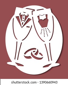 Laser cut template of two glasses of champagne. Stencil of toast goblet of wine, wedding crossed rings. Vector silhouette flat icon for invitation card. For wood carving, paper cut, stamp for die cut.