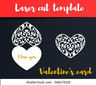 Laser cut template. Valentine's card with brush lettering I love you. Hearts silhouette for cutting. Paper craft