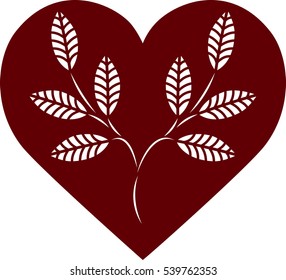 Laser cut template for valentines or wedding day cards. Heart silhouette with leaves branch. Vector illustration.