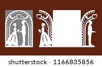 Laser cut template of wedding invitation card with bride and groom. Gate fold with openwork vector silhouette. Envelope for greeting postcard with lace arch. Panel with decorative heart design pattern