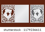 Laser cut template of wedding invitation with bride and groom in the heart frame. Fold card with openwork vector silhouette. Couple in love in lace decor panel. Faces in profile at Valentine's day.
