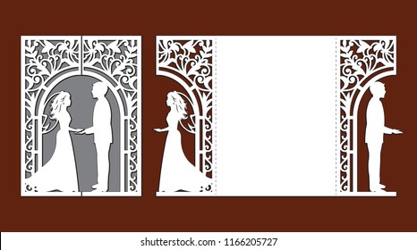 Laser Cut Template Of Wedding Invitation Card With Bride And Groom. Gate Fold With Openwork Vector Silhouette. Envelope For Greeting Postcard With Lace Decor Arch. Panel With Decorative Design Pattern