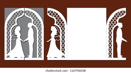 Laser cut template of wedding invitation card with bride and groom. Gate fold with openwork vector silhouette. Envelope for greeting postcard with lace arch. Panel with decorative ogee design pattern.