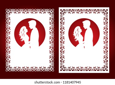 Laser cut template of wedding invitation, bride and groom in the round frame. Openwork silhouette vector card. Couple in love in lace decor panel. Faces in profile at Valentine's day. Pattern border.