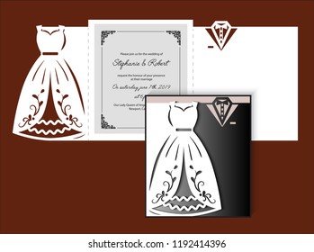 Laser cut template of wedding invitation with bride and groom clothes. Fold card with openwork silhouette of white bridal dress & tuxedo. Paper cutout postcard with holiday outfit. Vector illustration