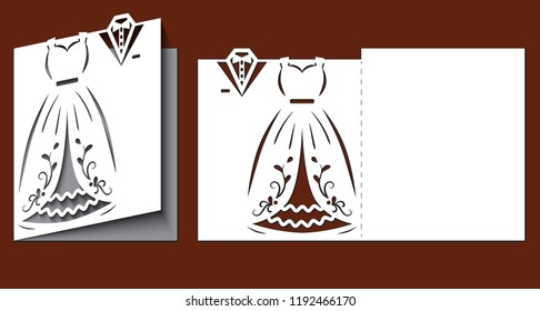Plantilla de corte láser de la invitación de boda con ropa de novia y novio. Tarjeta plegada con silueta de trenzas de vestido blanco y esmoquin. Postal de corte de papel con ropa de vacaciones. Ilustración del vector