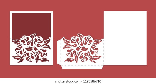 Laser cut template of wedding invitation with roses. Pocket envelope for greeting card with floral ornament. Fold lace decor panel with flower openwork vector silhouette. Die cut for Valentine's day.