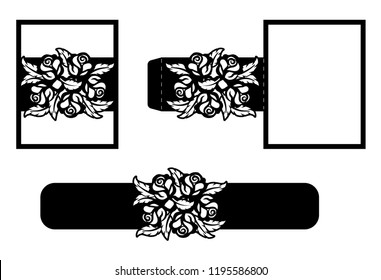 Laser cut template of wedding invitation with roses. Pocket envelope for greeting card with floral ornament. Fold lace decor panel with flower openwork vector silhouette. Die cut for Valentine's day.