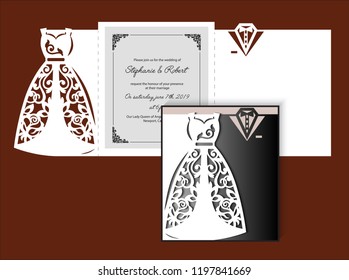 Laser cut template of wedding invitation with bride and groom clothes. Fold card with openwork silhouette of white bridal dress & tuxedo. Paper cutout postcard with holiday outfit. Vector illustration