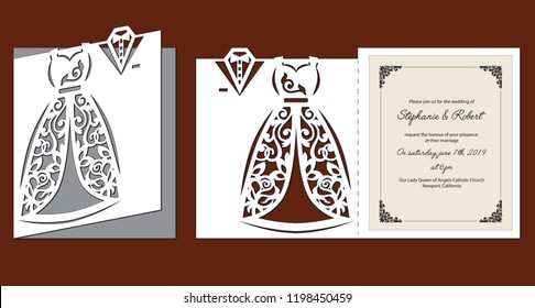 Laser cut template of wedding invitation with bride and groom clothes. Fold card with openwork silhouette of white bridal dress & tuxedo. Paper cutout postcard with holiday outfit. Vector illustration