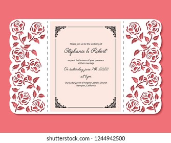 Laser cut template of wedding invitation with roses. Pocket envelope for greeting card with floral ornament. Fold lace decor panel with flower openwork vector silhouette. Die cut for Valentine's day.