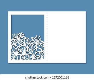 Laser cut template of wedding invitation with flowers. Pocket envelope for greeting card with floral ornament. Fold lace decor panel with openwork vector silhouette. Die cut for Valentine's day.