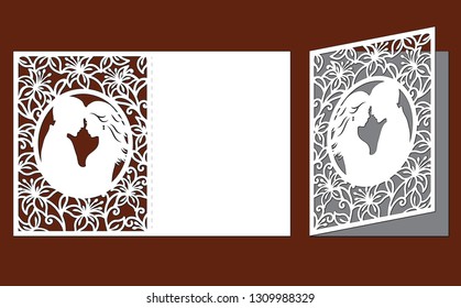 Laser cut template of wedding invitation with bride and groom in oval frame. Card with openwork vector silhouette of flowers. Couple in love in lace decor panel. Faces in profile at Valentine's day.