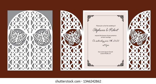 Laser cut template of wedding invitation. Fold gate with lace pattern, butterfly at vintage style. Envelope with ornate abstract ornament for greeting card. Openwork vector silhouette. Paper cutout.