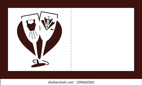 Laser cut template of wedding invitation card. Glasses of champagne with bride and groom clothes. Fold card with clink wineglasses on heart. For wood carving, paper cut, vector die cut silhouette.