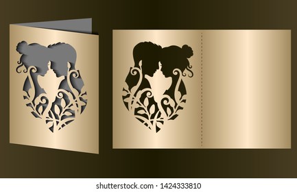 Laser cut template of wedding invitation card with bride, groom, flowers. Fold vector silhouette. Couple in love, faces in profile at Valentine's day. Panel for wood carving, paper cut, die cut stamp.