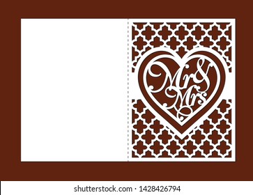 Laser cut template of wedding invitation card with Mr, Mrs, lattice with ogee ornament. Fold vector silhouette with heart for Valentine's day. Panel for wood carving, paper cut, die cut pattern.