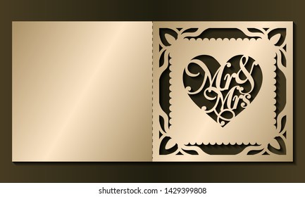 Laser cut template of wedding invitation. Square card with Mr, Mrs, ornate ornament. Gold vector illustration. Heart silhouette for Valentine's day. Panel for wood carving, paper cut, diecut pattern.