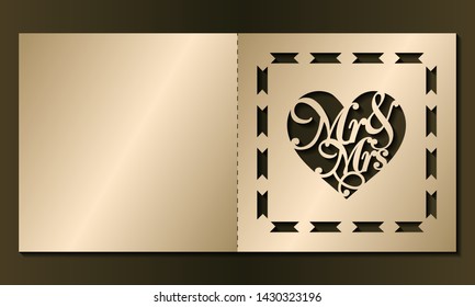 Laser cut template of wedding invitation. Square card with Mr, Mrs, ornate ornament. Gold vector illustration. Heart silhouette for Valentine's day. Panel for wood carving, paper cut, diecut pattern.