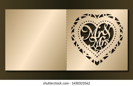 Laser cut template of wedding invitation. Square card with Mr, Mrs, ornate ornament. Gold vector illustration. Heart silhouette for Valentine's day. Panel for wood carving, paper cut, diecut pattern.