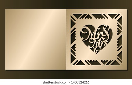 Laser cut template of wedding invitation. Square card with Mr, Mrs, ornate ornament. Gold vector illustration. Heart silhouette for Valentine's day. Panel for wood carving, paper cut, diecut pattern.