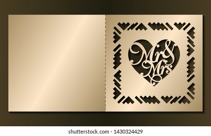 Laser cut template of wedding invitation. Square card with Mr, Mrs, ornate ornament. Gold vector illustration. Heart silhouette for Valentine's day. Panel for wood carving, paper cut, diecut pattern.