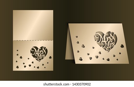 Laser cut template of wedding invitation. Fold card with Mr, Mrs, heart pattern. Gold vector illustration. Heart silhouette for Valentine's day. Panel for wood carving, paper cut, die cut ornament.