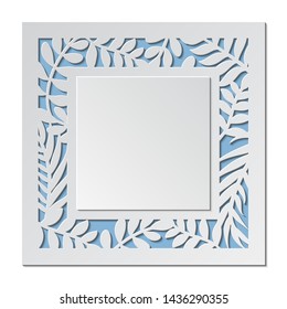 Laser cut template of wedding invitation. Square card with tropical leaves. Vector illustration background. White 3D paper cut silhouette for Valentine's day. Panel for wood carving, diecut pattern.