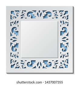 Laser cut template of wedding invitation. Square card with abstract ornament. Vector illustration background. White 3D paper cut silhouette for Valentine's day. Panel for wood carving, diecut pattern.