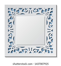 Laser cut template of wedding invitation. Square card with abstract ornament. Vector illustration background. White 3D paper cut silhouette for Valentine's day. Panel for wood carving, diecut pattern.
