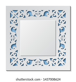 Laser cut template of wedding invitation. Square card with abstract ornament. Vector illustration background. White 3D paper cut silhouette for Valentine's day. Panel for wood carving, diecut pattern.