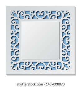 Laser cut template of wedding invitation. Square card with abstract ornament. Vector illustration background. White 3D paper cut silhouette for Valentine's day. Panel for wood carving, diecut pattern.
