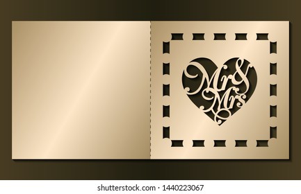 Laser cut template of wedding invitation. Square card with Mr, Mrs, ornate ornament. Gold vector illustration. Heart silhouette for Valentine's day. Panel for wood carving, paper cut, diecut pattern.