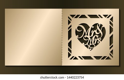 Laser cut template of wedding invitation. Square card with Mr, Mrs, ornate ornament. Gold vector illustration. Heart silhouette for Valentine's day. Panel for wood carving, paper cut, diecut pattern.