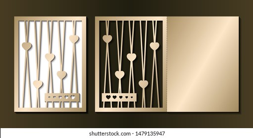 Laser cut template of wedding invitation. Frame with hearts and straight lines. Fold valentines card. Gold vector illustration. Silhouette of golden panel for wood carving, paper cut, diecut pattern.