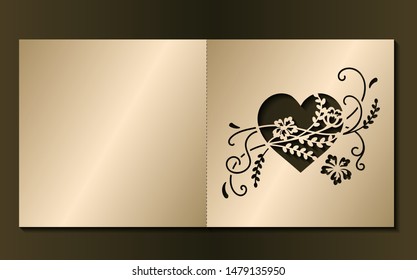 Laser cut template of wedding invitation. Frame with heart and flowers. Fold valentine's day card. Gold vector illustration. Silhouette of golden panel for wood carving, paper cut, die cut pattern.