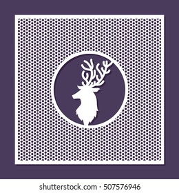 Laser cut template. Xmas card with deer head. Traditional symbol of Christmas and New Year. Laser cutting model for cards, invitation. Can be used for wood carving, laser cutting and paper cut.