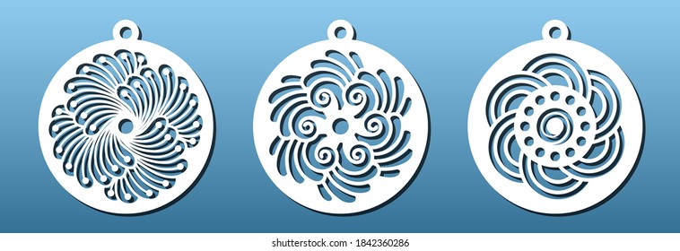 Laser cut templates. Christmas balls, New Year  decorative elements, pendants or keychain. Cnc cutting with metal, wood, leather, resin, paper art, fretwork stencil. Vector illustration