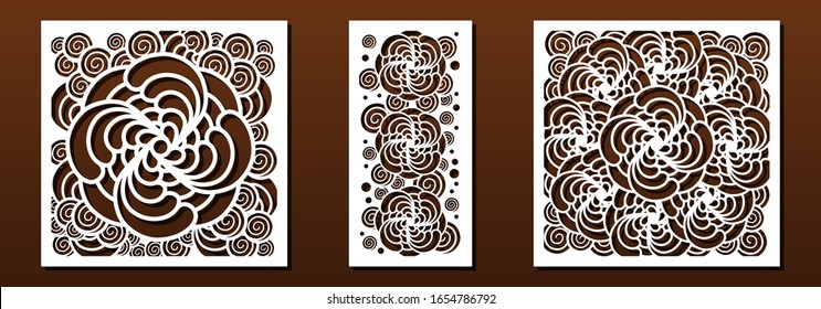 Laser cut templates for panel decor. Abstract geometric pattern, floral design. Vector set for metal cutting, paper art or fretwork. 