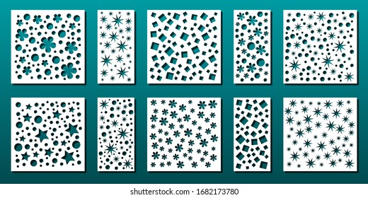 Laser cut templates for panel decor or card background with abstract geometric pattern.  Cutting and paper art, cnc stencil. Vector illustration, set of square and rectangular panels.