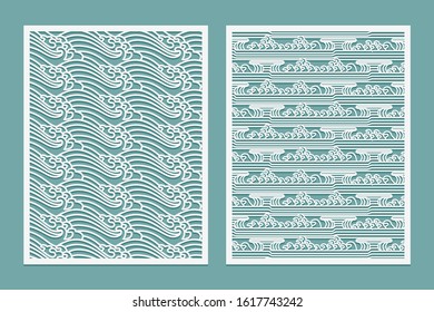 Laser cut templates patterns. Rivers waves Oriental style scenery Metal cutting or wood carving, panel design, stencil for fretwork, paper art, card background or interior decor Vector illustration.