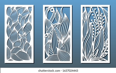 Laser cut templates, set of panels with floral pattern. Wood or metal cutting, panel decor, paper art, fretwork stencils. Vector illustration