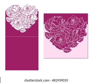 Templo de la tarjeta vectorial de corte láser con adorno de corazón de rosa. Silueta de patrón de corte con flor y hojas. Cortar papel para invitaciones de boda, guardar la fecha, tarjeta de saludo. Panel de corte