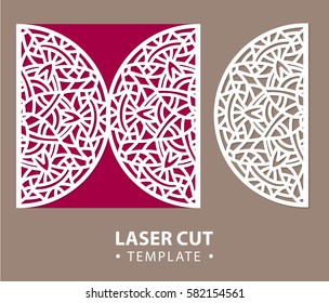 Laser cut vector card temlate with mandala ornament. Cutout circle pattern silhouette. Die cut paper element for wedding invitations, save the date, greeting card, envelope. Cutting panel